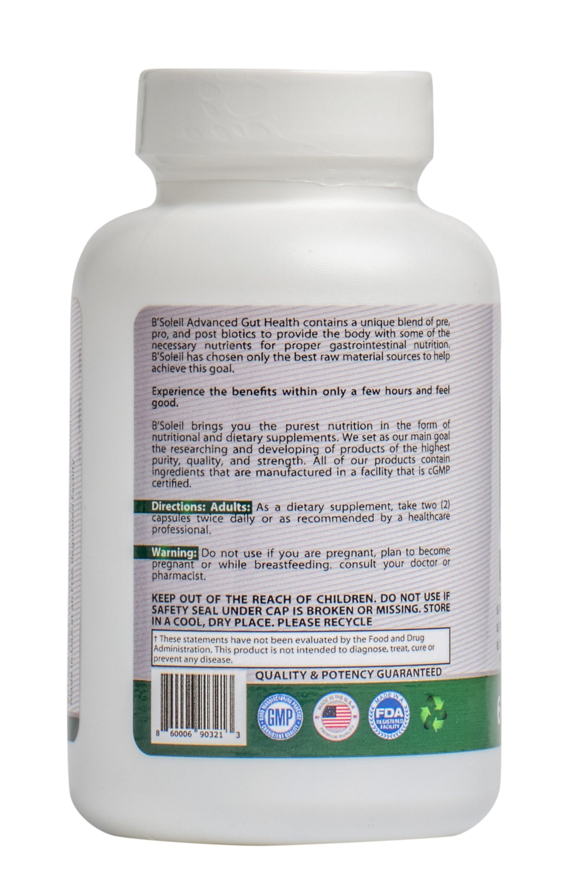 B’Soleil™ Advanced Gut Health - Pre, Pro, and Post Biotics Bottle Picture - Back